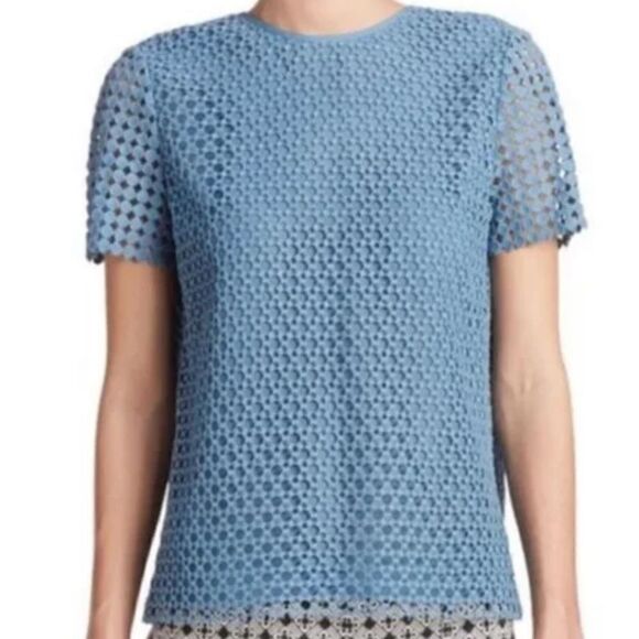Tory Burch Blue Crescent Guipure Lace Short Sleeve Top - Picture 2 of 12